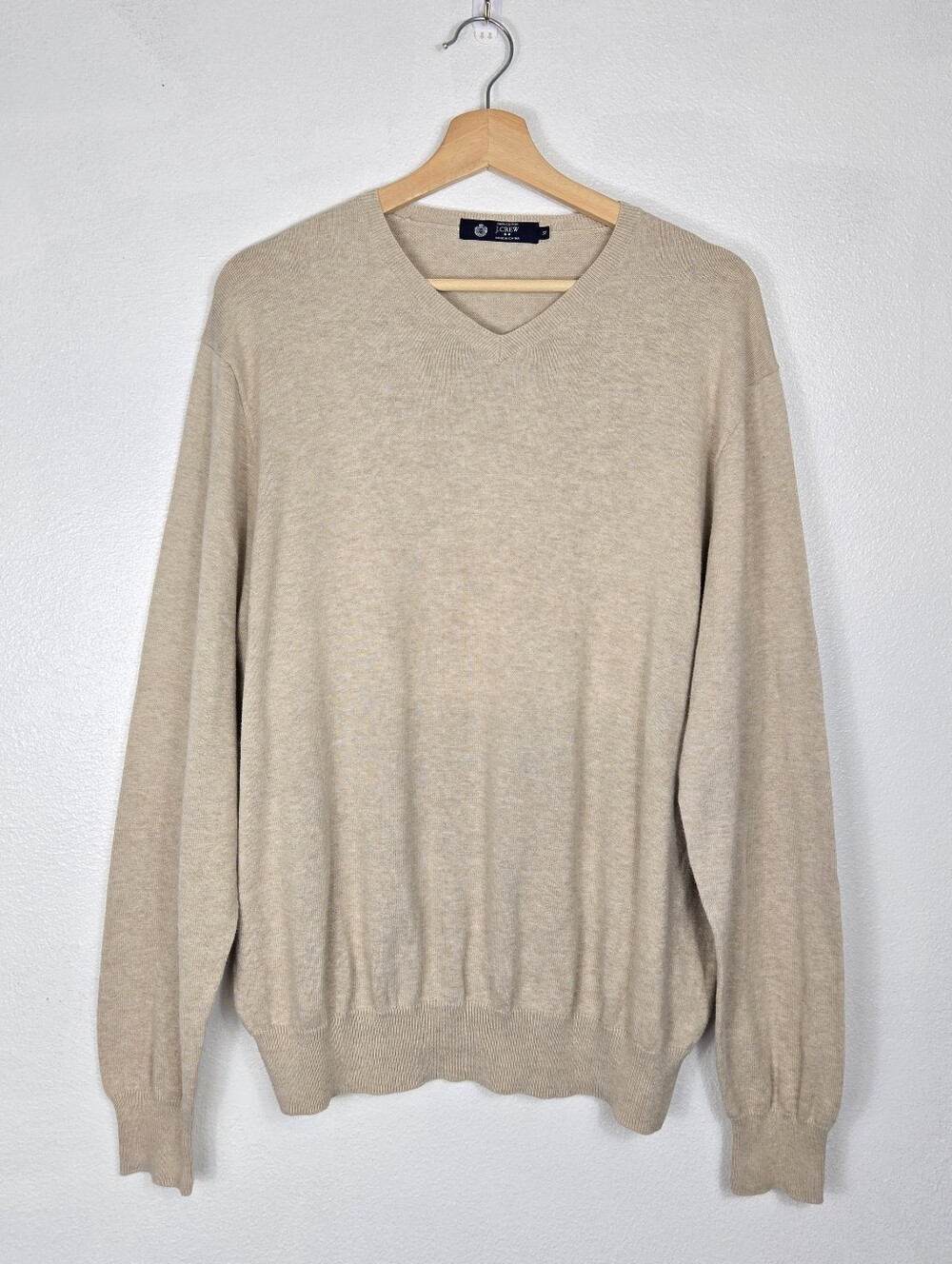 J Crew Men's V Neck Knit Sweater Oatmeal Heather Beige Size XL Pullover